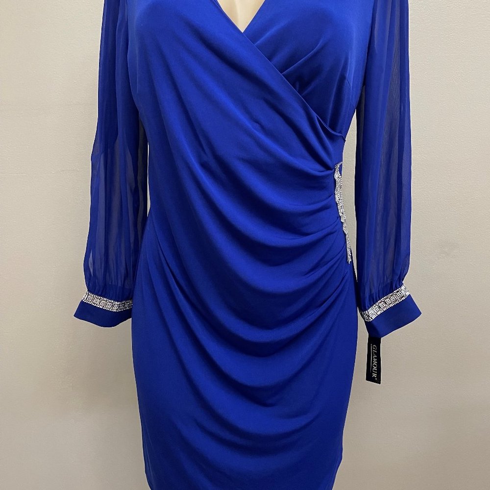 Glamour, Women's Dress, size 10, blue with open long sleeves and cuffs.